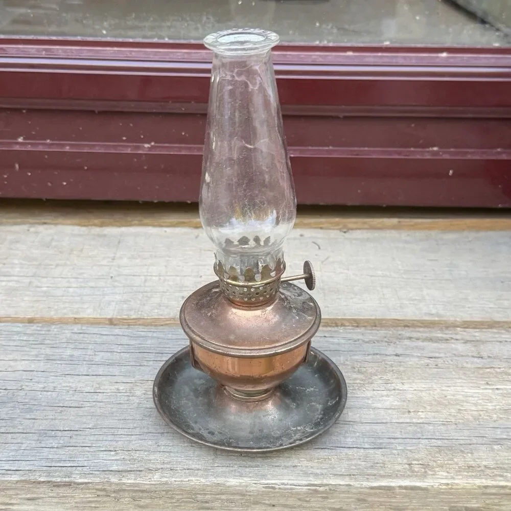 Vintage Copper Hurricane Finger Oil Lamp Swivel Base Thick Glass Shade